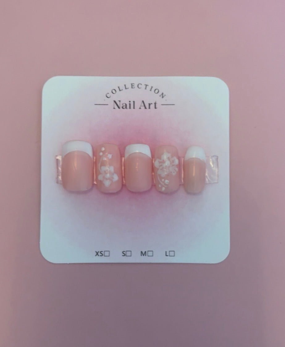 french tip with flower press on nail set